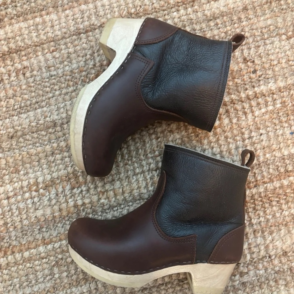 Brown Leather Ankle Boots with Wooden Heel